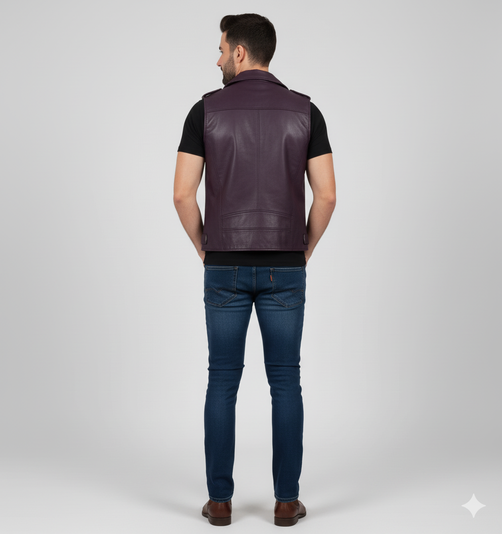 Close-up of the rich purple-colored leather texture and silver zipper on the front of a men's vest.