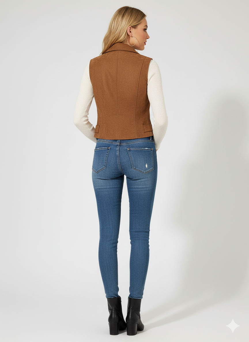 Fitted light brown moto vest with a soft  suede texture, perfect for fall and autumn layering.