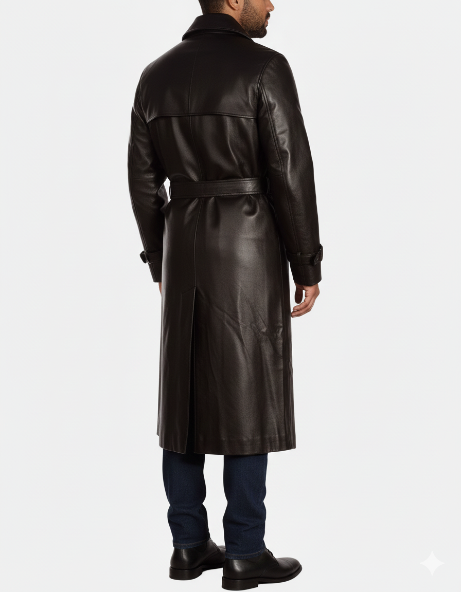 Male model wearing a luxury black leather full-length overcoat