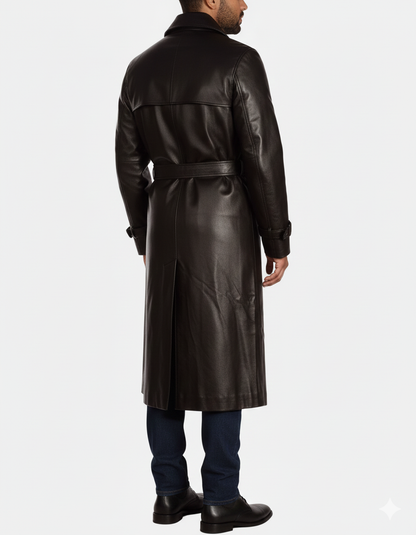 Male model wearing a luxury black leather full-length overcoat
