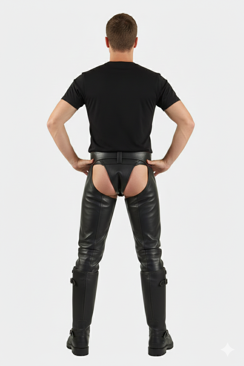 Front view of professional-grade black leather protective chaps worn with knee-high motorcycle boots.