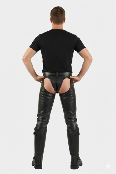 Front view of professional-grade black leather protective chaps worn with knee-high motorcycle boots.