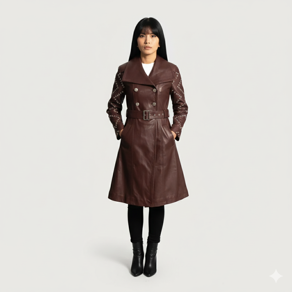 Women's mahogany brown leather trench coat with silver-toned studded sleeves and a belted waist.
