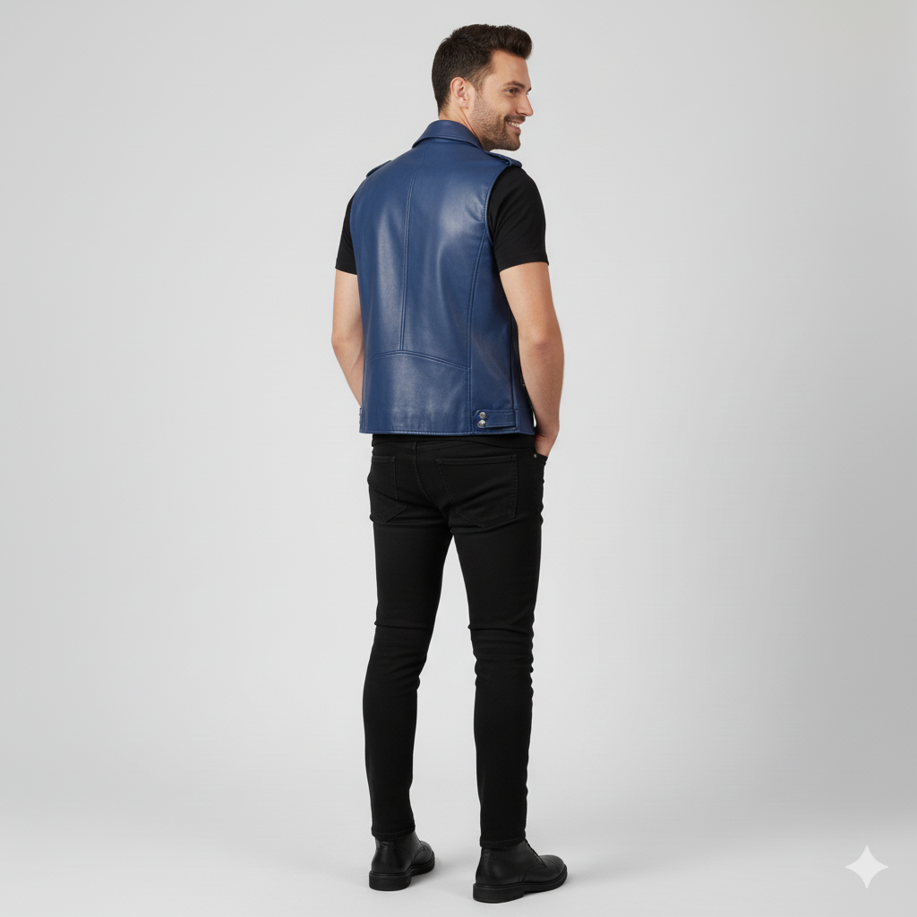 Close-up of the smooth blue leather texture and silver zippers on the front panel of the biker vest.