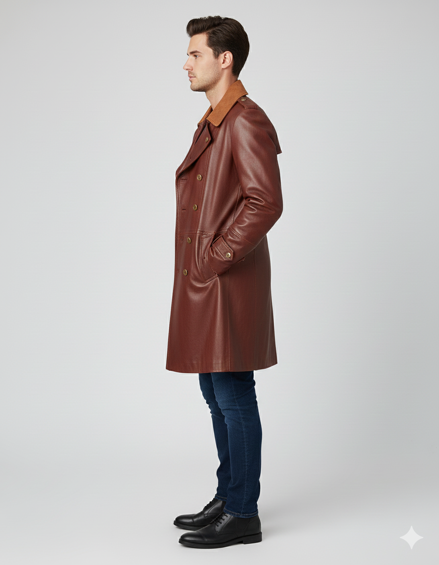 Male model wearing a luxury mahogany leather trench coat