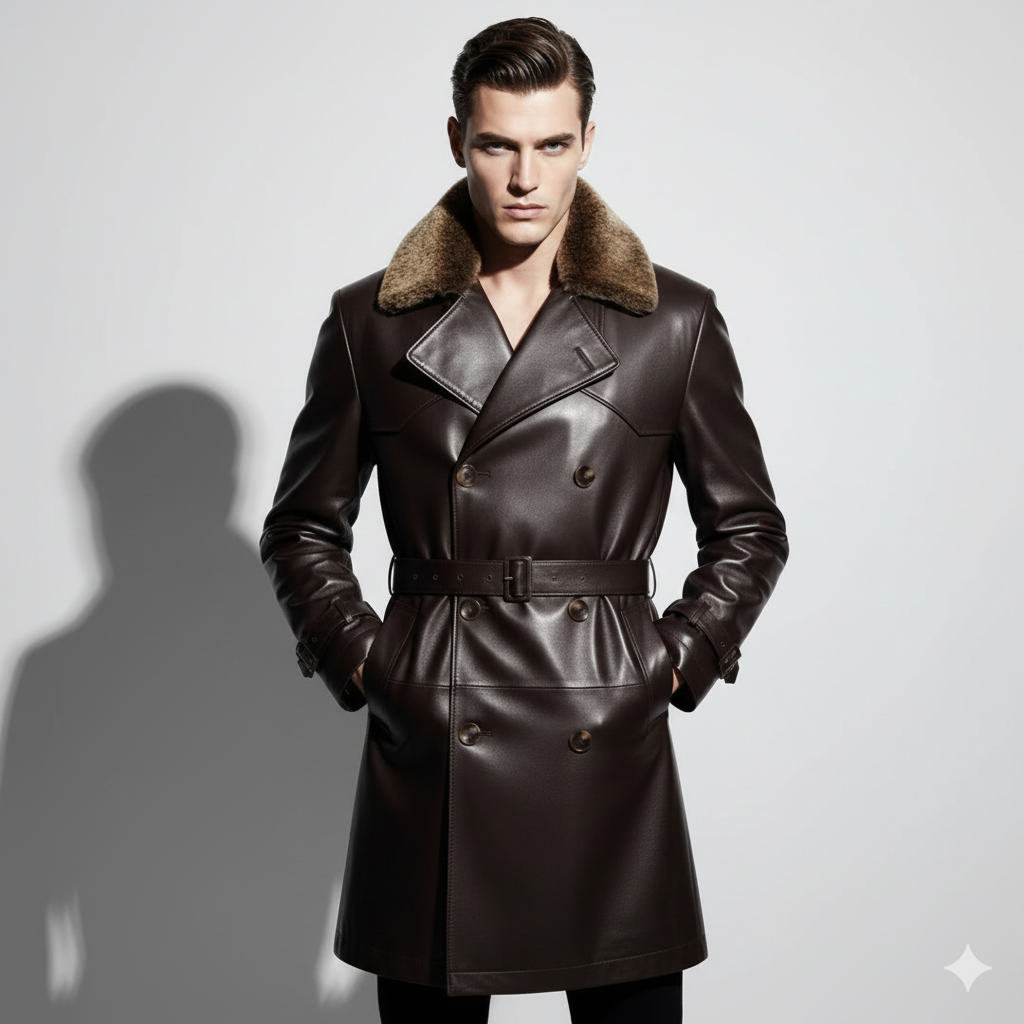 Men's mahogany brown leather trench coat with a brown fur collar and double-breasted buttons.
