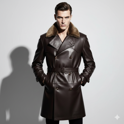 Men's mahogany brown leather trench coat with a brown fur collar and double-breasted buttons.