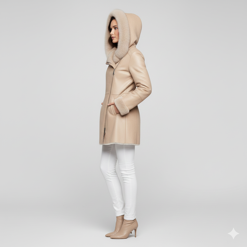 Model wearing a luxury cream hooded winter coat 