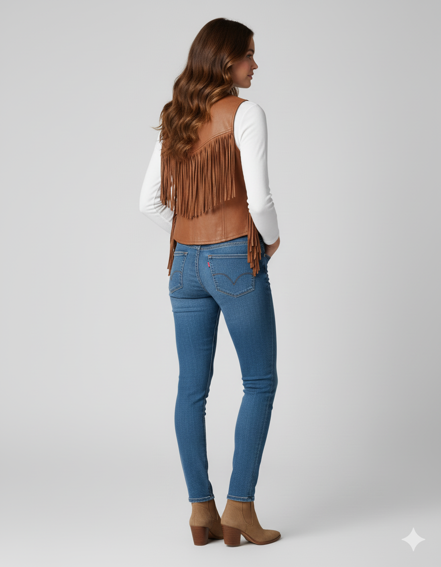 Feminine brown leather vest featuring small zippered pockets and decorative leather lacing along the side seams.