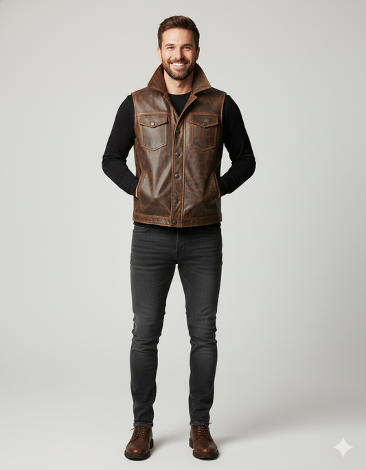 Men's dark brown leather shearling aviator vest with a tan fur collar, exposed trim, and front zipper closure.