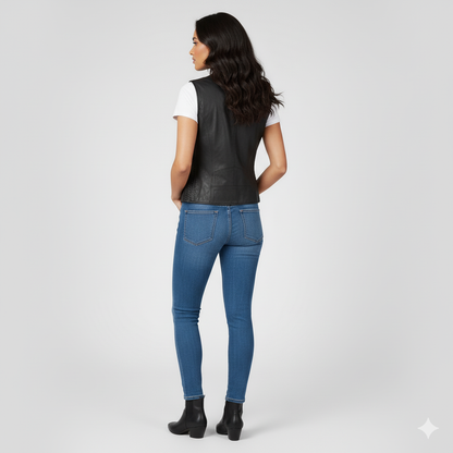 Close-up showing the smooth black  leather texture and the functional lacing detail at the bottom sides of the vest.