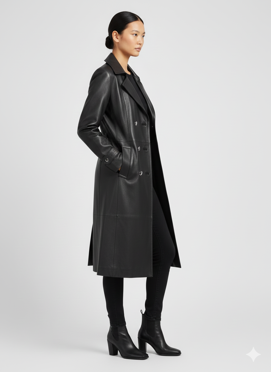 Model wearing a sophisticated black belted leather trench coat.