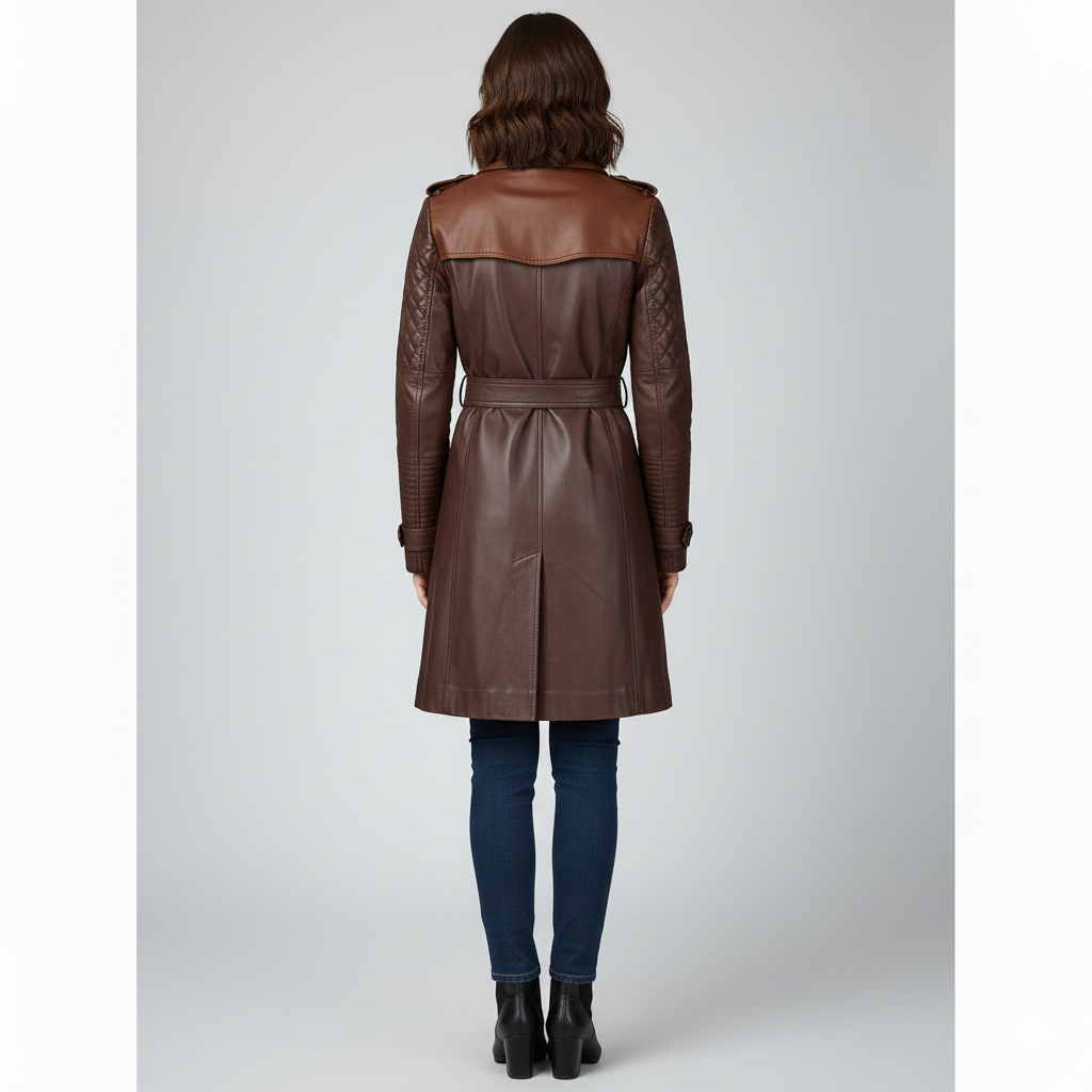 Close-up of the tonal brown buttons and smooth mahogany leather texture on a luxury women's short trench coat.