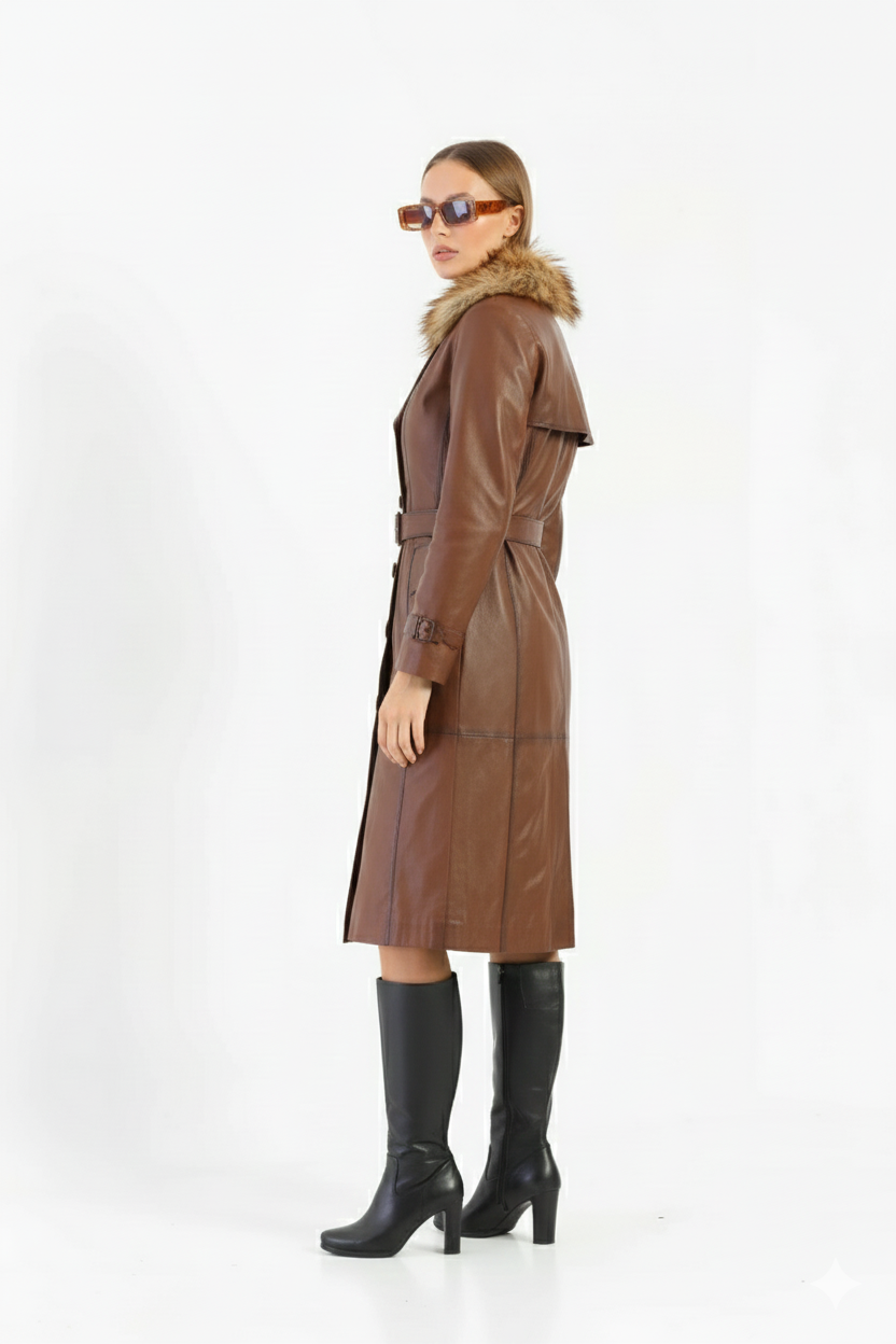 Model wearing a sophisticated belted leather fur-collar coat.
