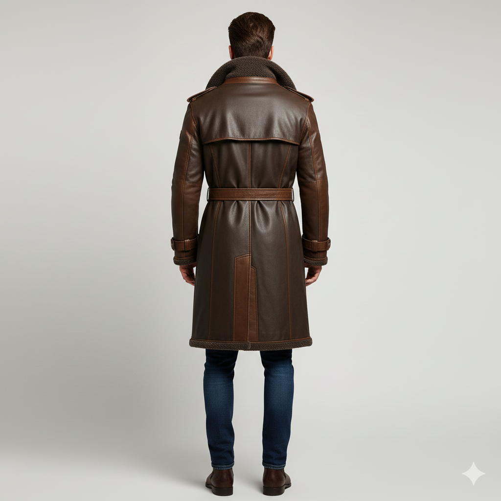 Close-up of the architectural leather panels and plush charcoal shearling interior on a premium men's overcoat.