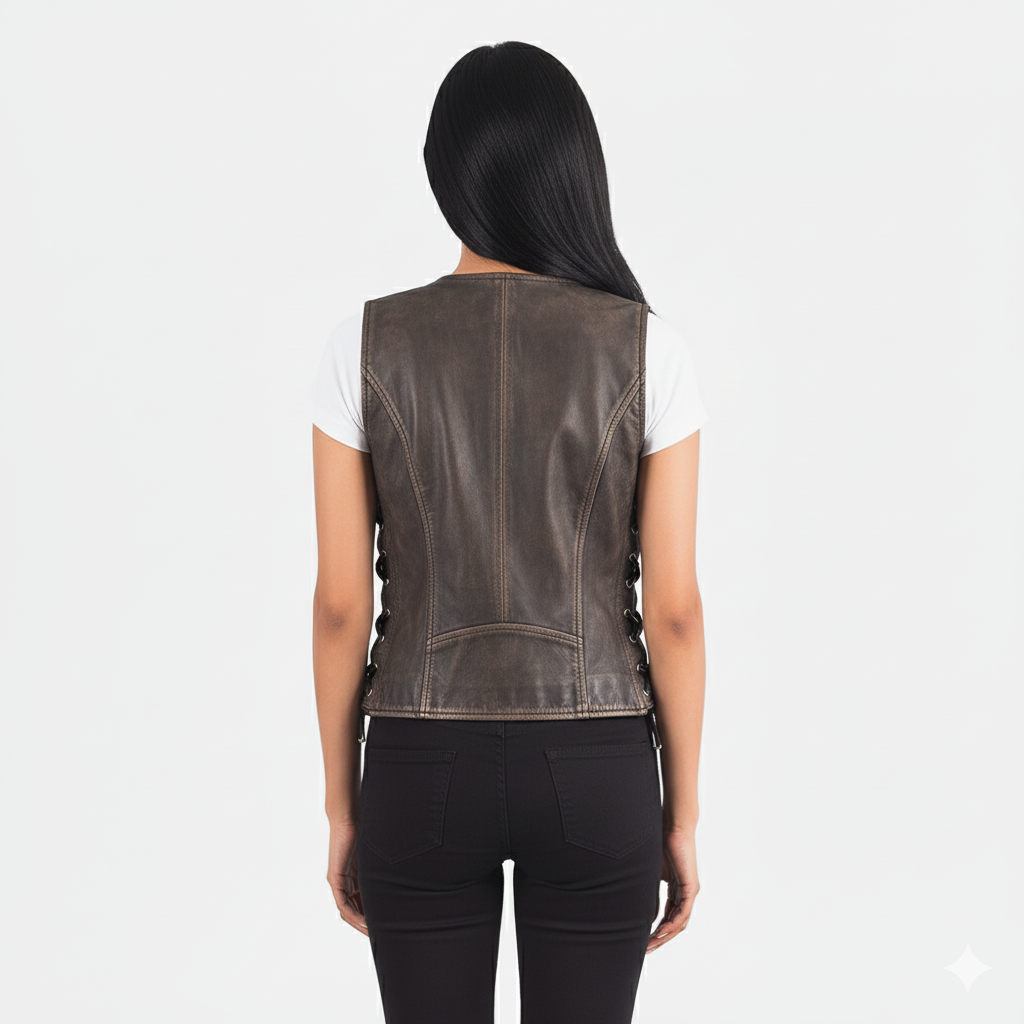 Close-up of the distressed finish on the brown leather vest, showing the silver zipper and side lacing grommets.