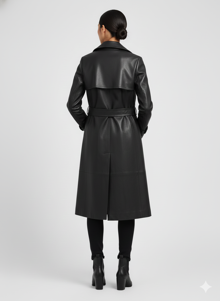 Close-up of the polished silver buttons and smooth black leather texture on a luxury women's long coat.