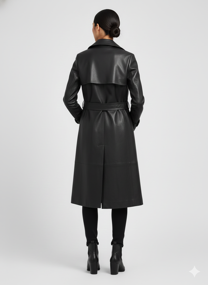 Close-up of the polished silver buttons and smooth black leather texture on a luxury women's long coat.