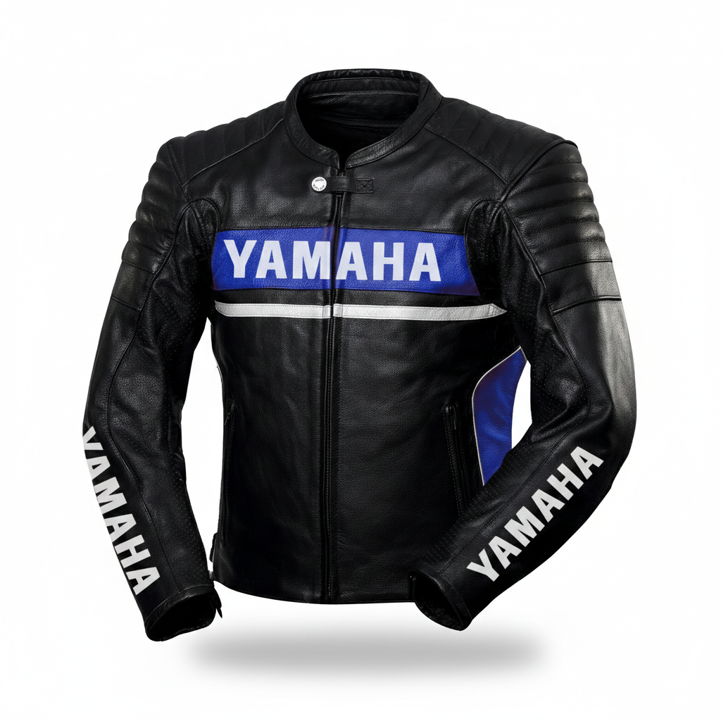 Yamaha black and white leather motorcycle racing jacket.