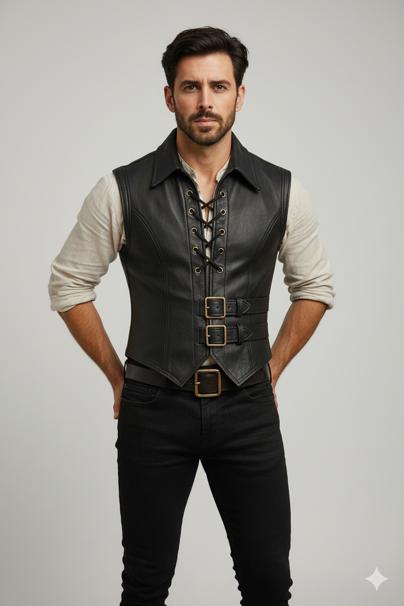 Front view of a black pebbled leather biker vest with shoulder yokes and leather lacing detail down the sides.