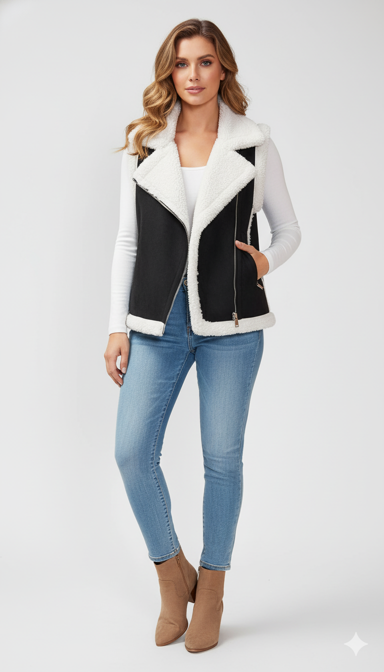 Full-length photo of a woman wearing a black suede sherpa vest over a white long-sleeve shirt and light wash blue jeans.