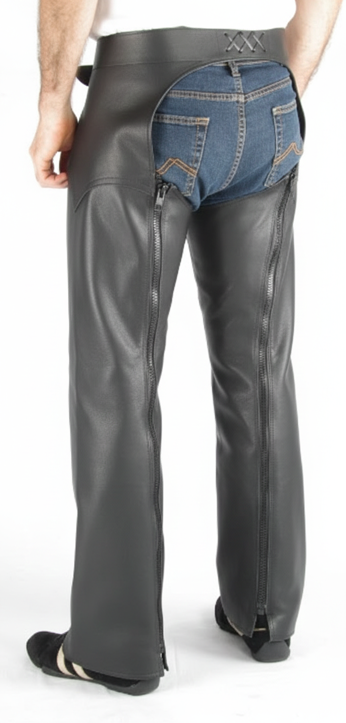 Front view of a model wearing black grain leather protective chaps