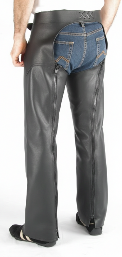 Front view of a model wearing black grain leather protective chaps