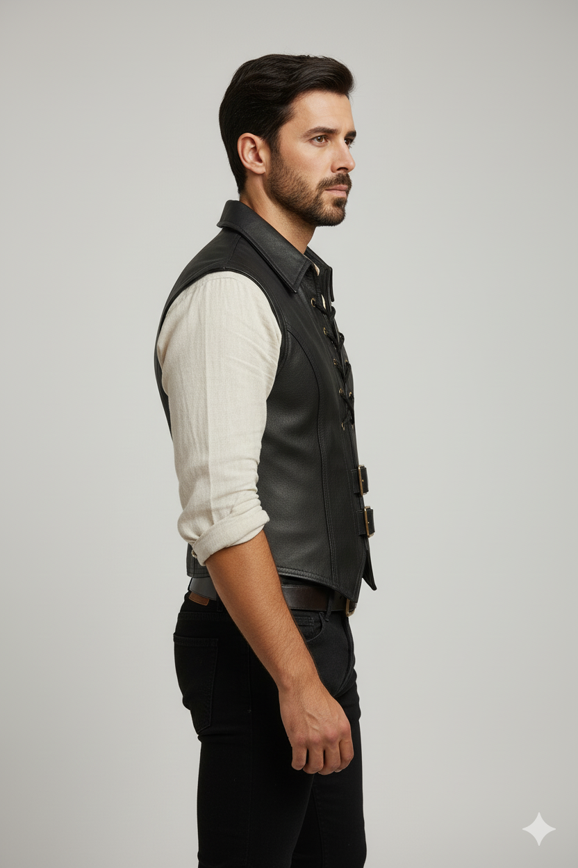 Men's Black Leather Motorcycle Vest with V-neck, snap buttons, and adjustable leather side laces.