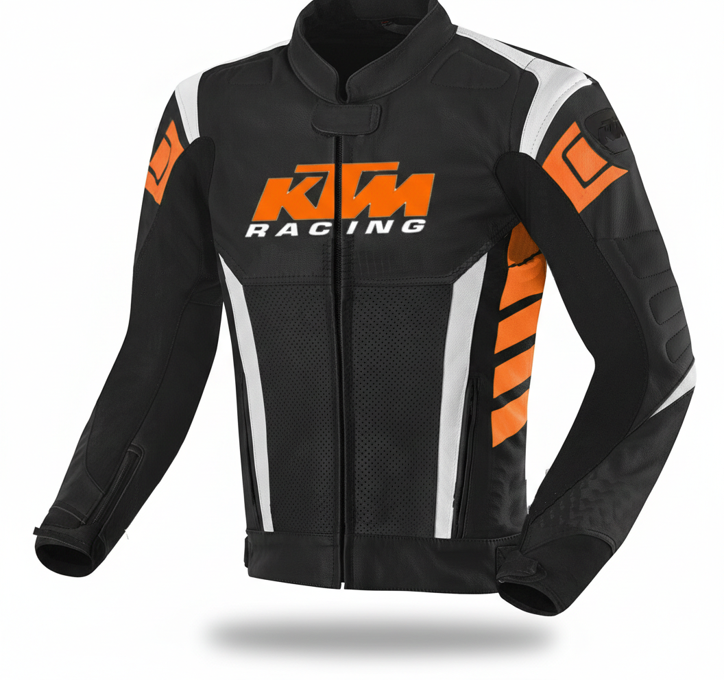 KTM Racing white, black, and red leather motorcycle racing jacket.