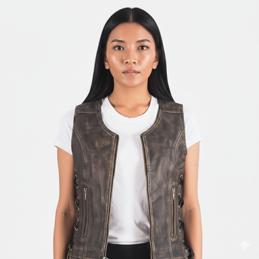 Woman wearing a distressed brown leather-look vest over a white t-shirt and black pants.