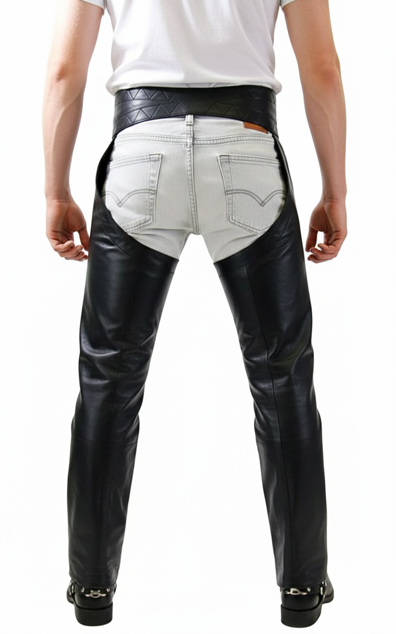 Close-up of the diamond-quilted leather waistband and silver buckle on professional black riding chaps.