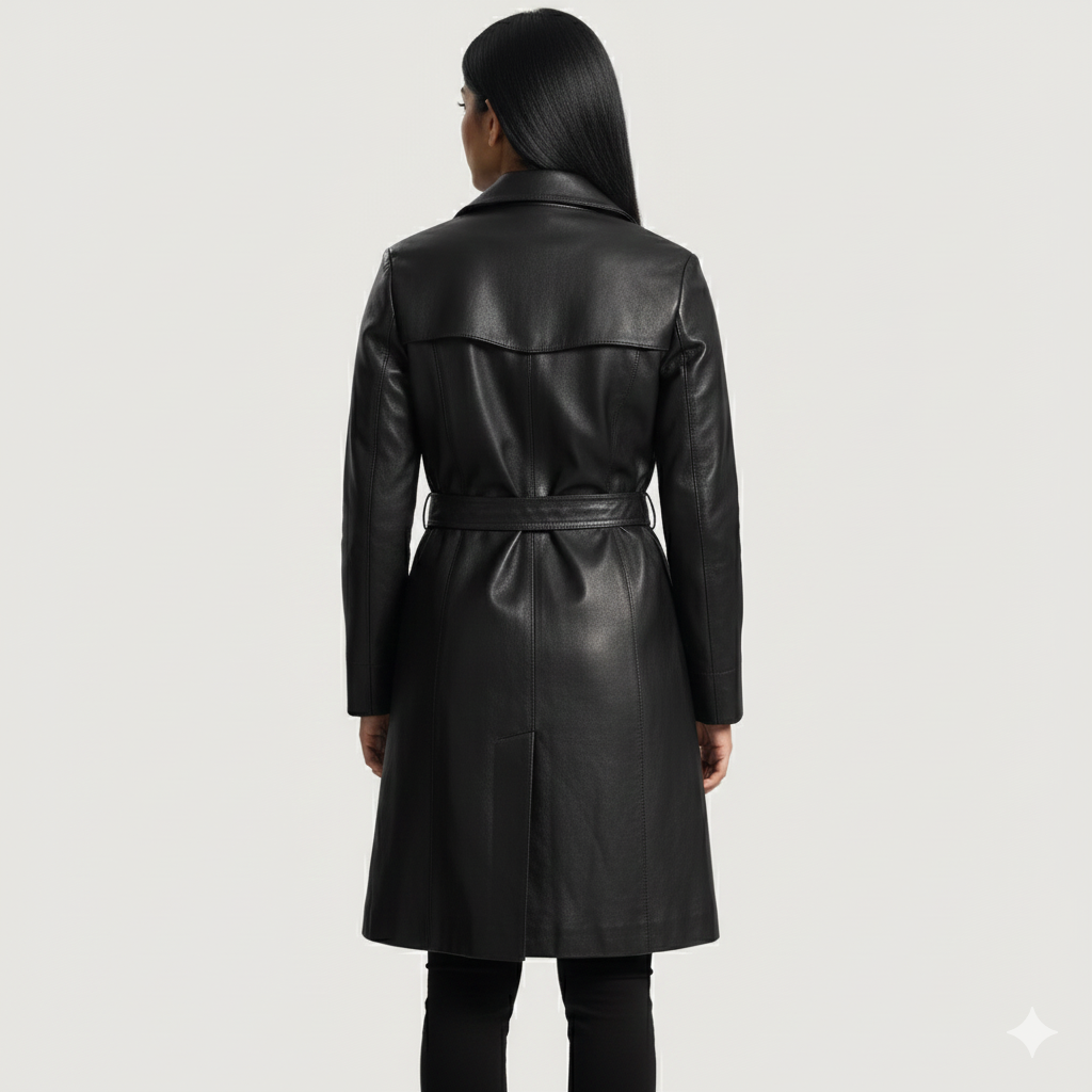 Close-up of the smooth matte finish and vertical tailored seams on a premium black leather coat.