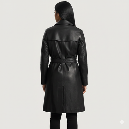 Close-up of the smooth matte finish and vertical tailored seams on a premium black leather coat.