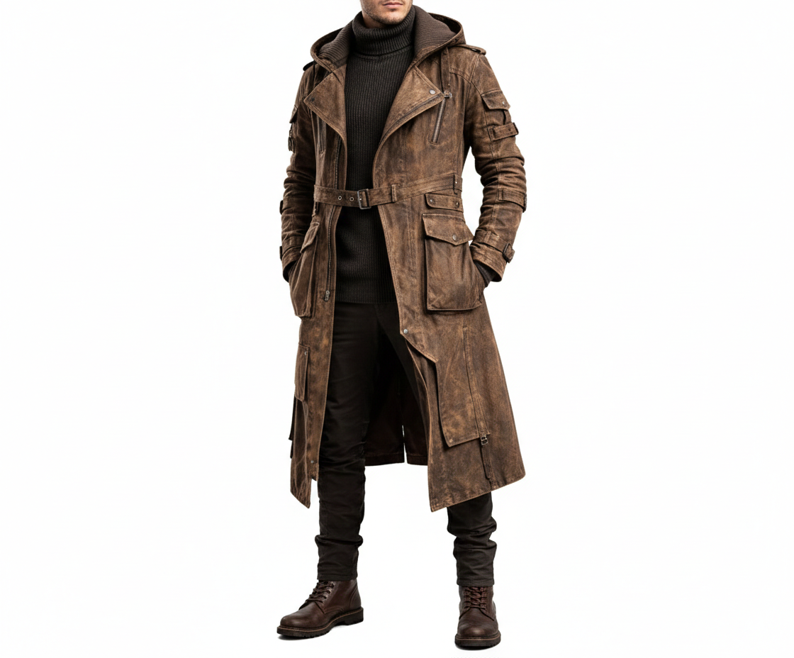 Men's bourbon distressed brown tactical trench coat with a hood and large cargo pockets.