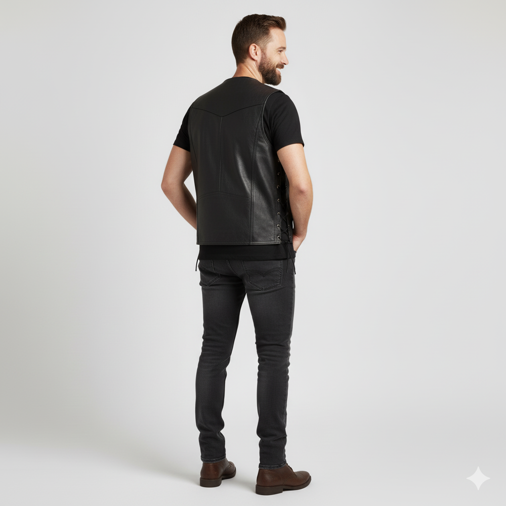 Men's classic black leather club vest with a snap front, V-neck, and adjustable leather lacing along the sides.