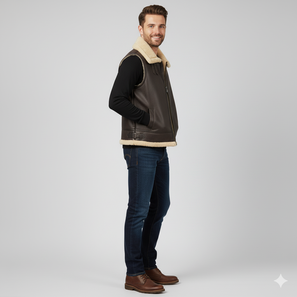 Classic, polished dark brown leather waistcoat for men, perfect for smart casual or business casual layering.