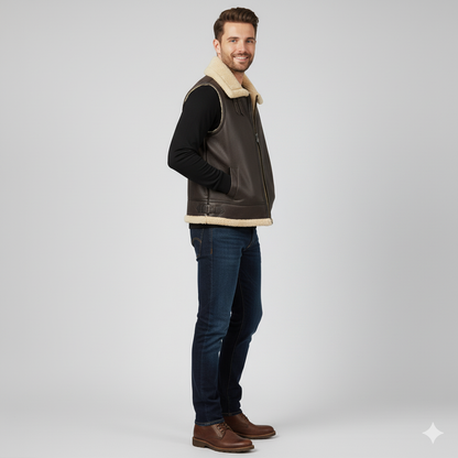 Classic, polished dark brown leather waistcoat for men, perfect for smart casual or business casual layering.