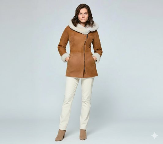 Women's tan shearling-lined winter coat with an oversized cream fur-trimmed hood and side zip.