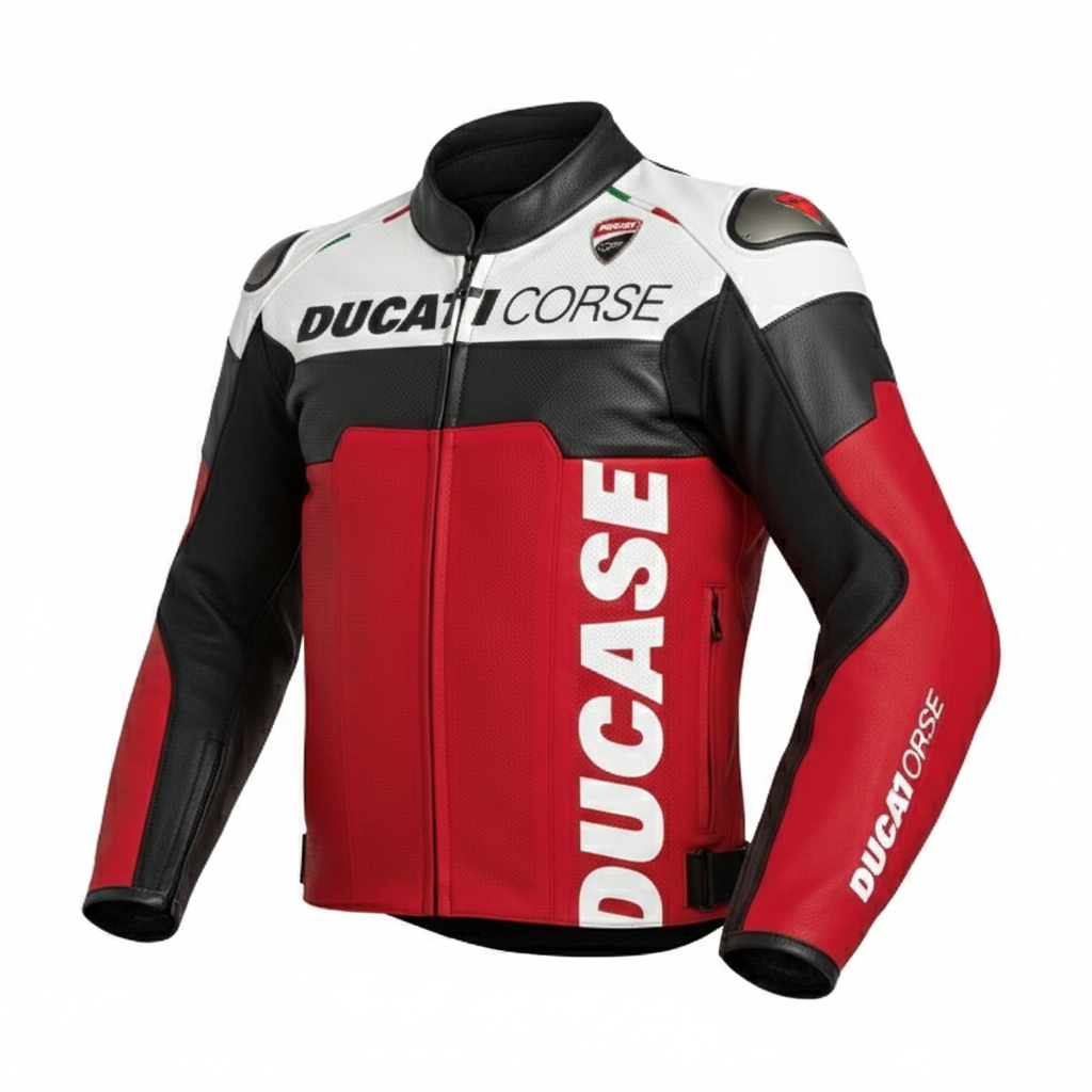 Ducati Corse red, white, and black leather motorcycle racing jacket.
