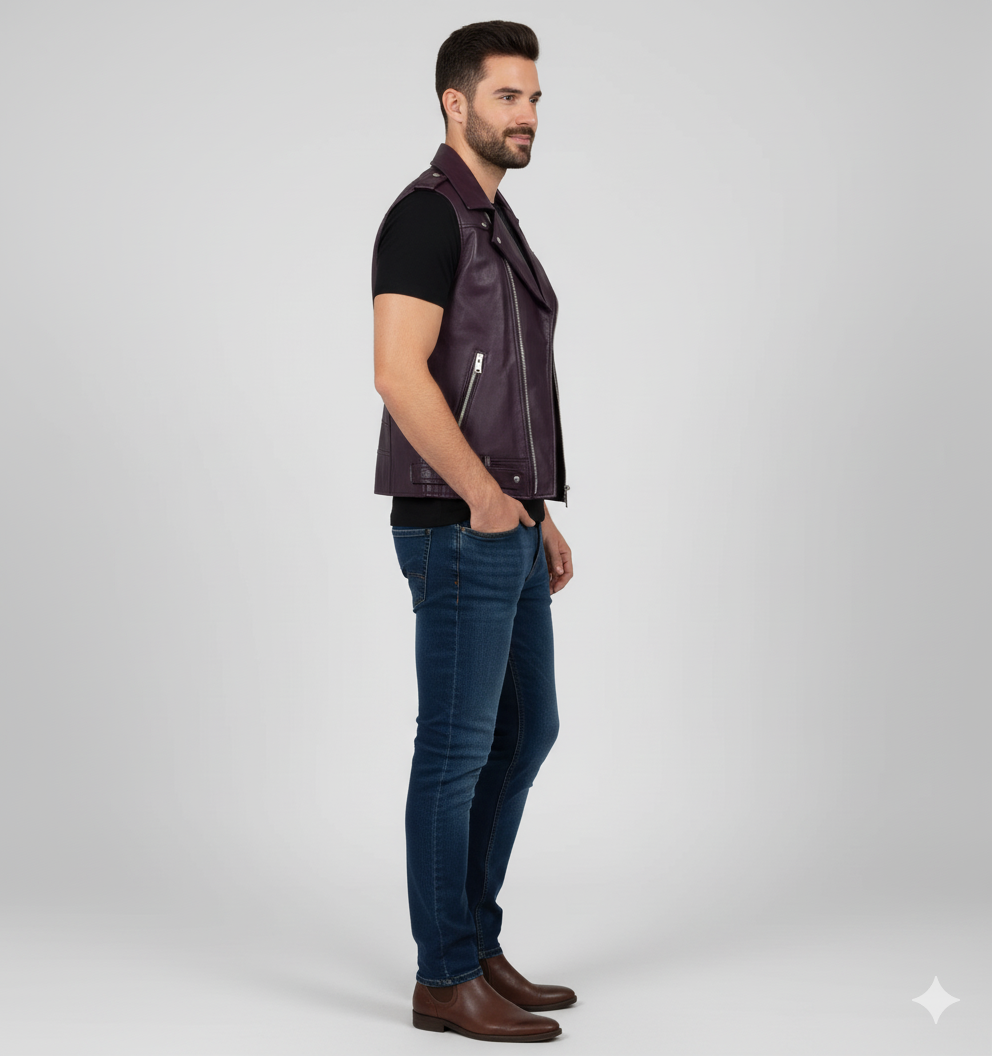 Unique purple leather motorcycle vest with multiple zippered pockets and classic biker jacket detailing.