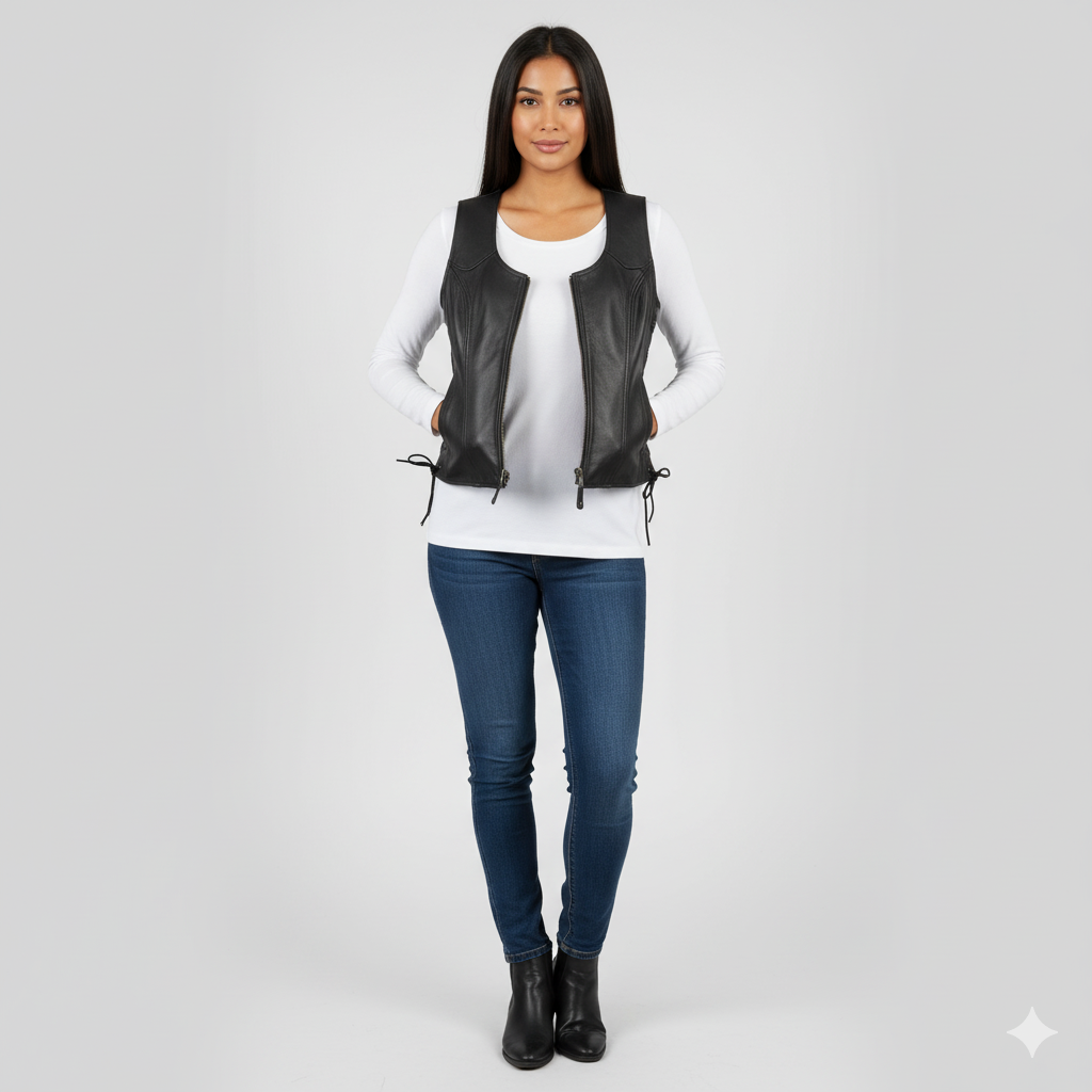 Full-length photo of a woman wearing a black leather vest over a white long-sleeve t-shirt and dark blue jeans.