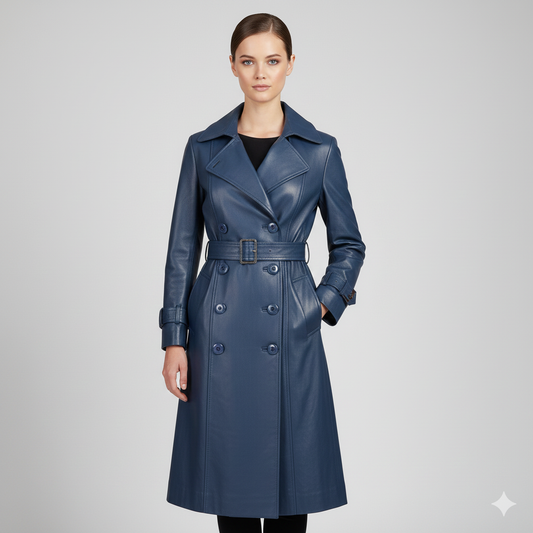 Midi-length deep blue leather-look coat featuring wide notched lapels and matching buckled cuff straps.