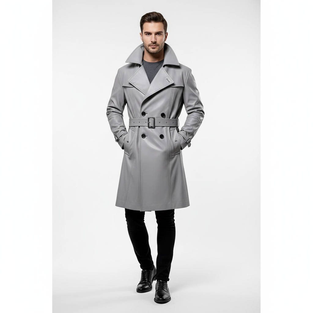 Men's steel grey leather trench coat with a double-breasted button front and a buckled waist belt.