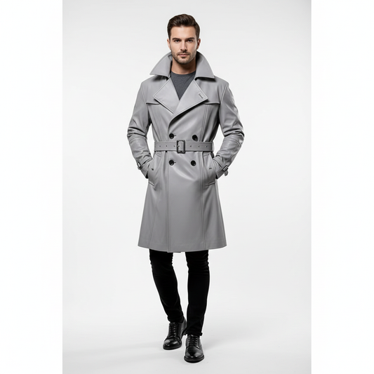 Men's steel grey leather trench coat with a double-breasted button front and a buckled waist belt.
