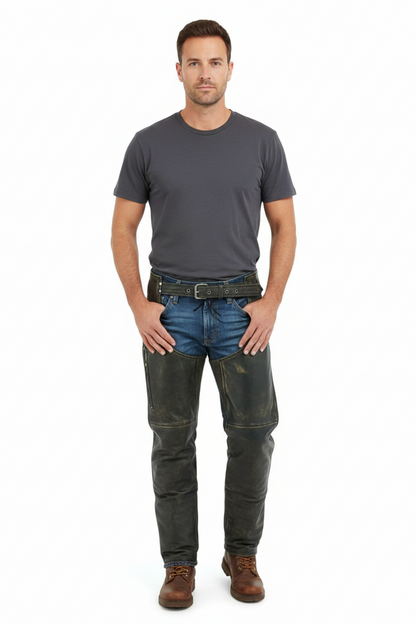 Close-up of the reinforced black leather waistband and silver buckle on professional technical riding chaps.