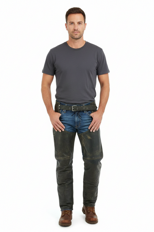 Close-up of the reinforced black leather waistband and silver buckle on professional technical riding chaps.