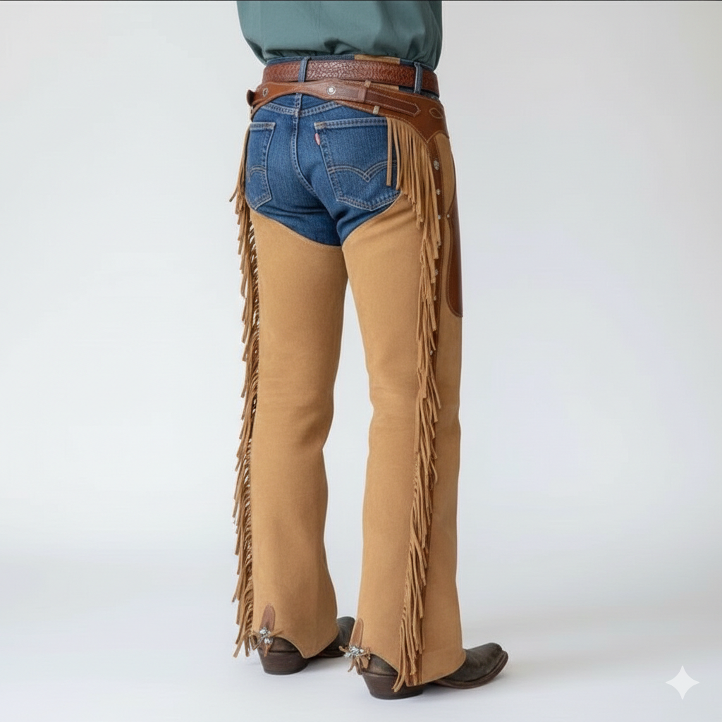 Male model wearing brown fringe leather chaps over blue jeans with a classic western trophy buckle.