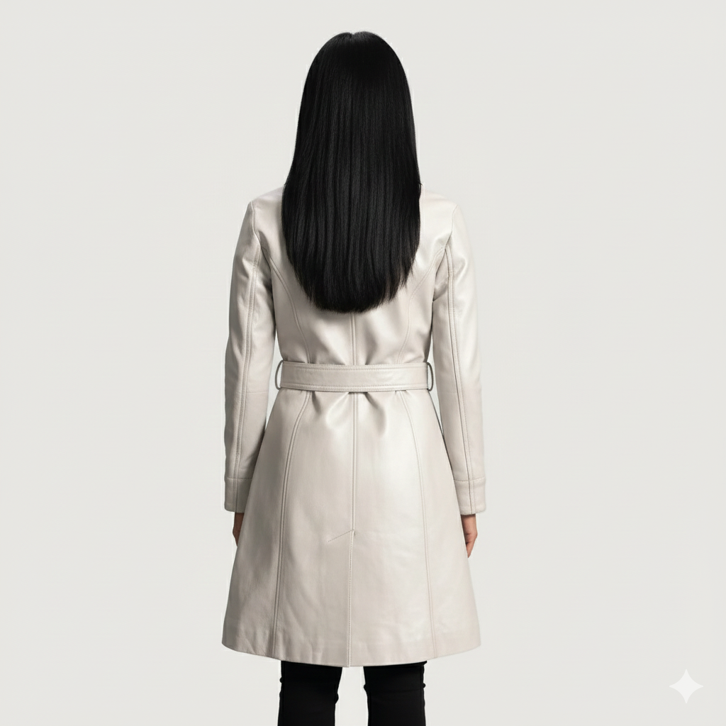 Minimalist fashion style featuring an off-white trench coat layered over a black turtleneck and trousers.