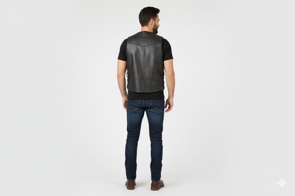 Black leather vest with motorcycle styling, showing the angle of the main zipper and multiple small silver zippered utility pockets.