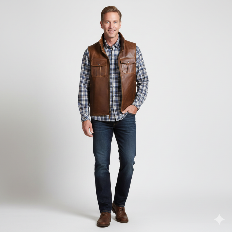 Full-length photo of a man in a brown leather vest over a black long-sleeve shirt and dark wash jeans.